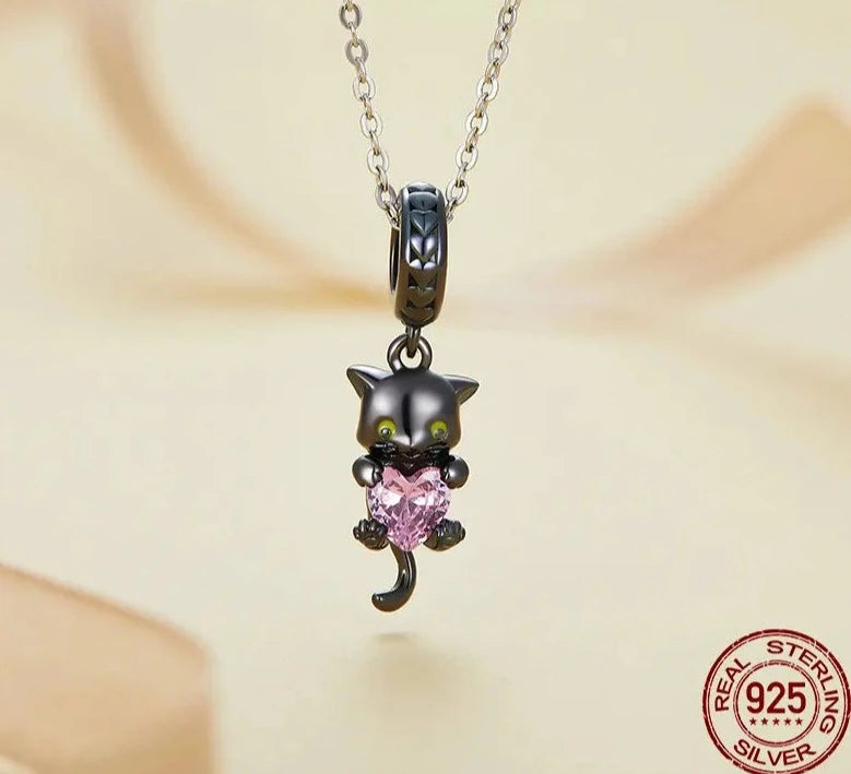 925 Sterling Silver Black Moon Cat Bead Charm