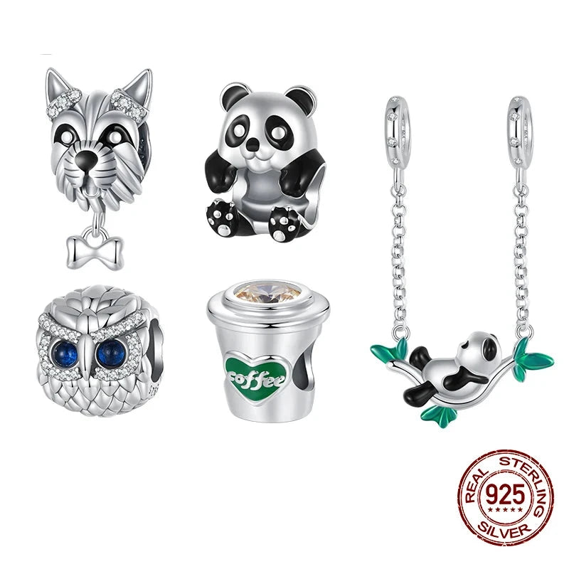 925 Sterling Silver Cute Panda & Animal Charms with Safety Chains