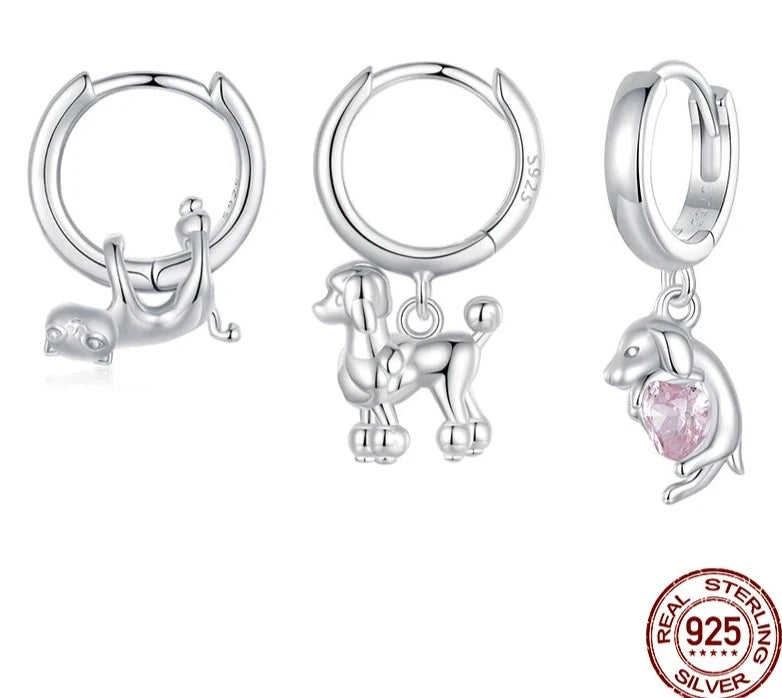 925 Sterling Silver Cat & Dog Dangle Earrings