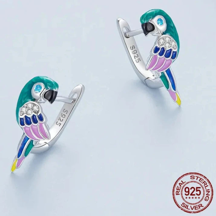 925 Sterling Silver Rainbow Parrot Hoop Earrings