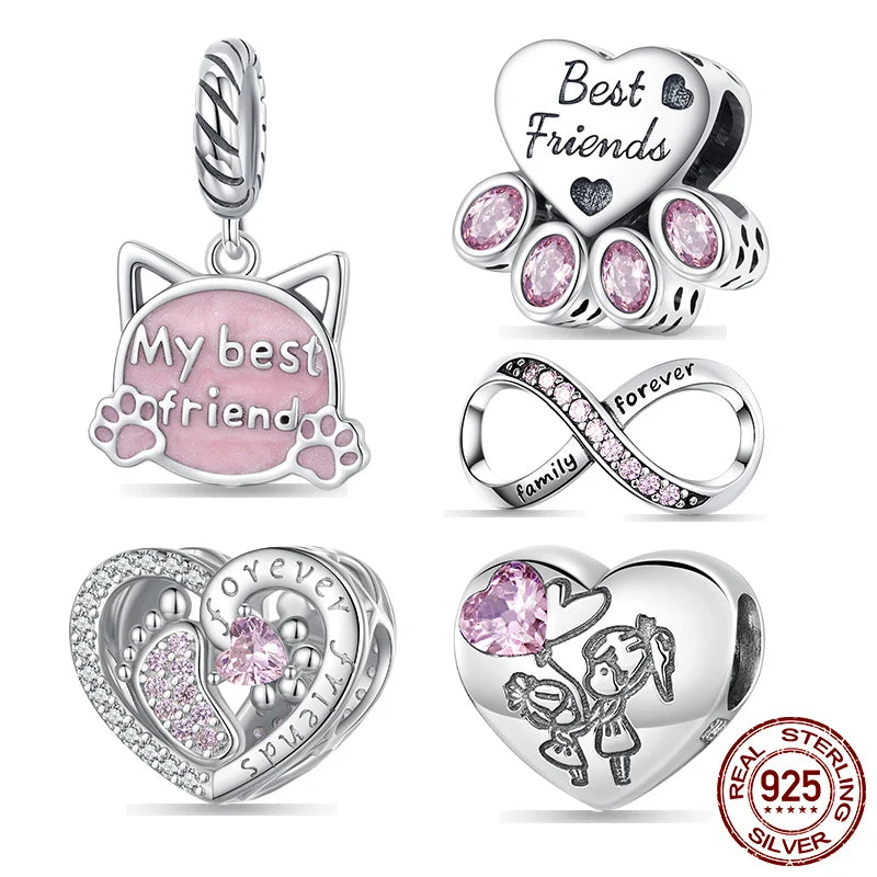 Best Friends Pink Paw Heart Charm – 925 Sterling Silver