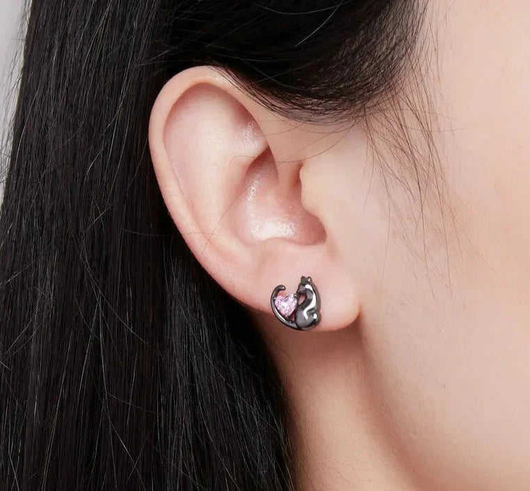 Black Cat Heart Stud Earrings