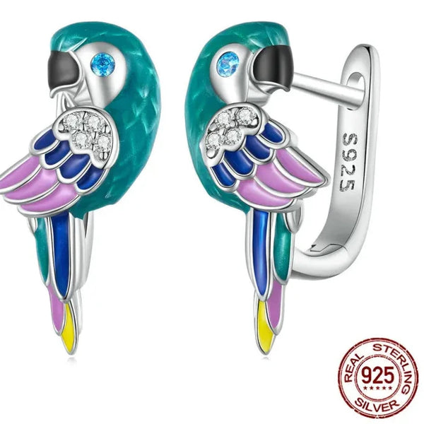 925 Sterling Silver Rainbow Parrot Hoop Earrings