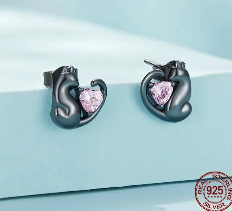 Black Cat Heart Stud Earrings