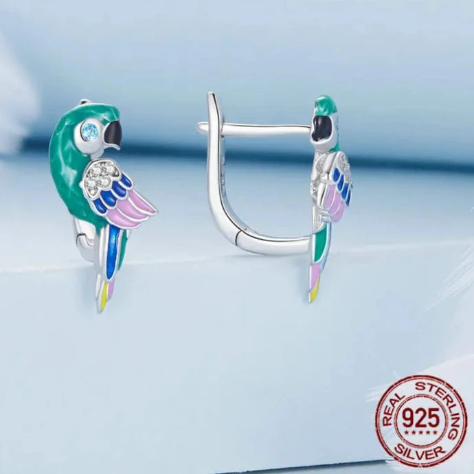 925 Sterling Silver Rainbow Parrot Hoop Earrings