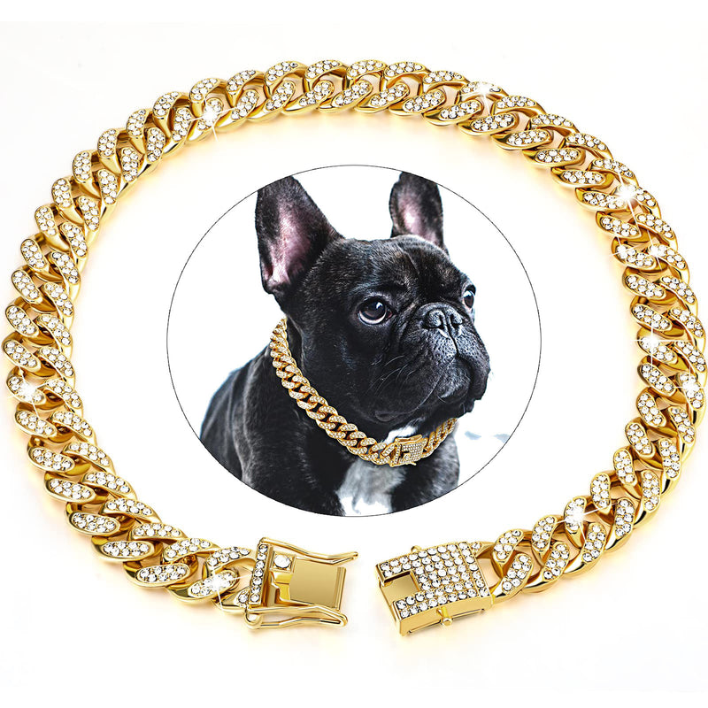 Dog collar with metal chain, artificial crystal, with secure buckle